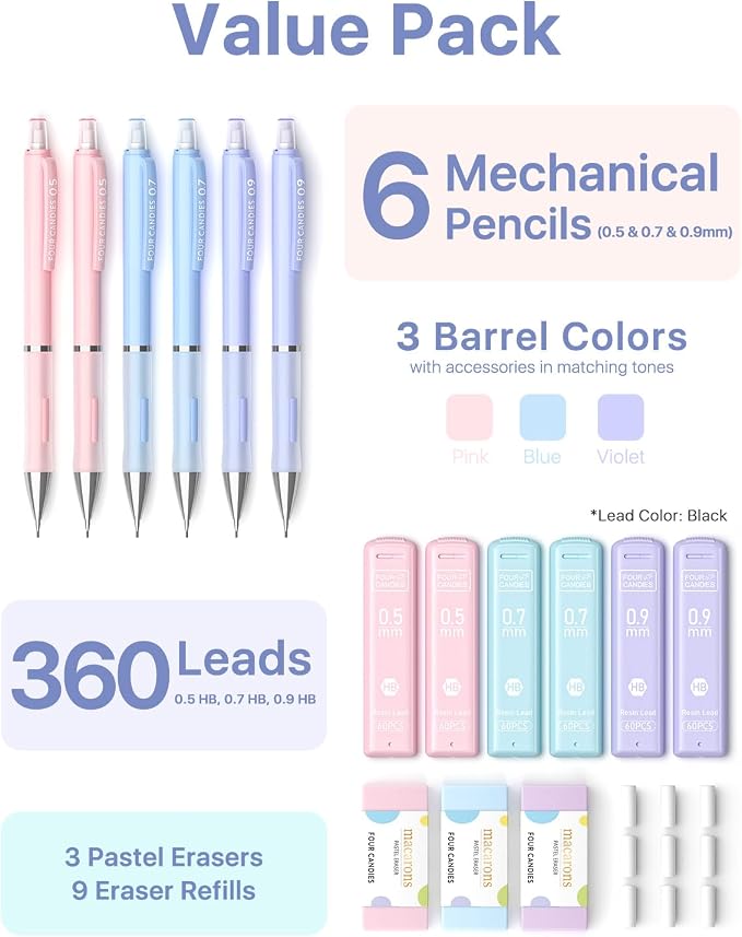 Four Candies Cute Pastel Mechanical Pencil Set, 0.5/0.7/0.9mm, 6 Pack | 360 - Image 7