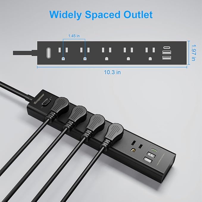 2 Pack Power Strip Surge Protector-5 Widely Spaced Outlets 3 USB Ports(1 USB C Port),1250W/10A with 5Ft Extension Cord, Power Strips with Surge Protection, Wall Mount for Home Office,Black-DeskLoop Office