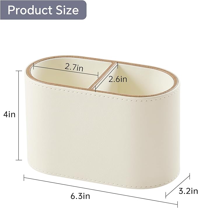 PU Leather Pen Holder for Desk, Small Remote Control Holder Pencil Cup Multifunctional Desktop Organizer Caddy for Home School Office Desk Accessories - 2 Compartments (Beige)-DeskLoop Office