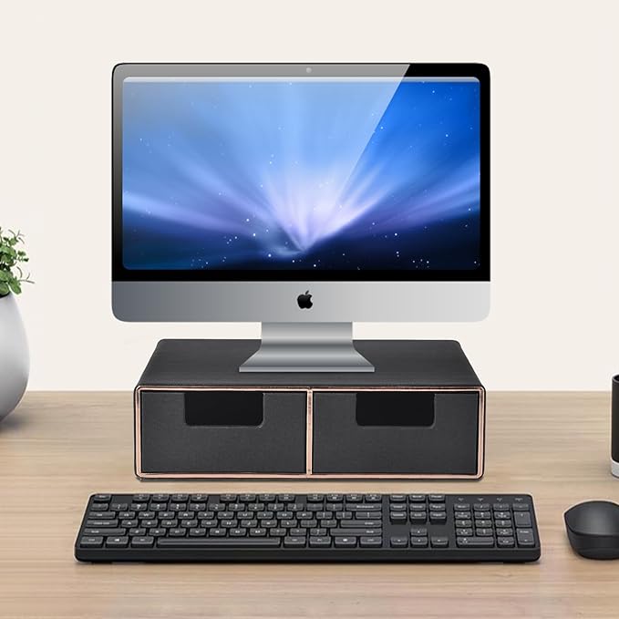 Linen Leather Desk Organizer and monitor stand with Drawers－Mini Desktop Drawer Organizer Stackable－Tabletop Organization Storage Box for Office Supplies Home Vanity Toiletries (Black, 2-drawers)-DeskLoop Office