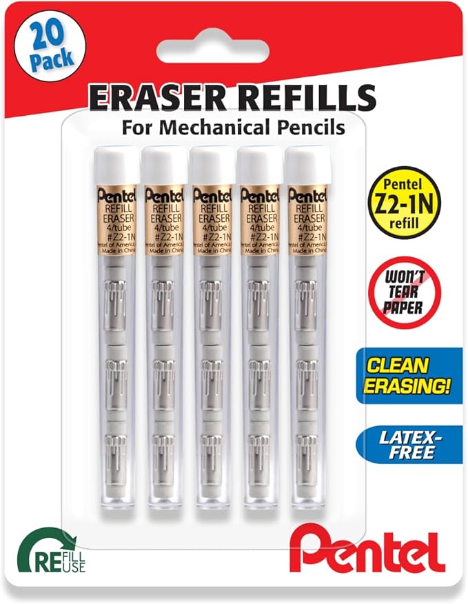 Pentel Mechanical Pencil Eraser Refills, 20 Erasers by PentelofAmerica