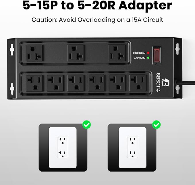 Heavy Duty Metal Power Strip, 20 AMP Surge Protector with 9 Outlets, 12 Gauge Industrial Strength for Shop & Garage Use, 6 FT Extension Cord Included, Durable T-Slot Design (6FT)-DeskLoop Office