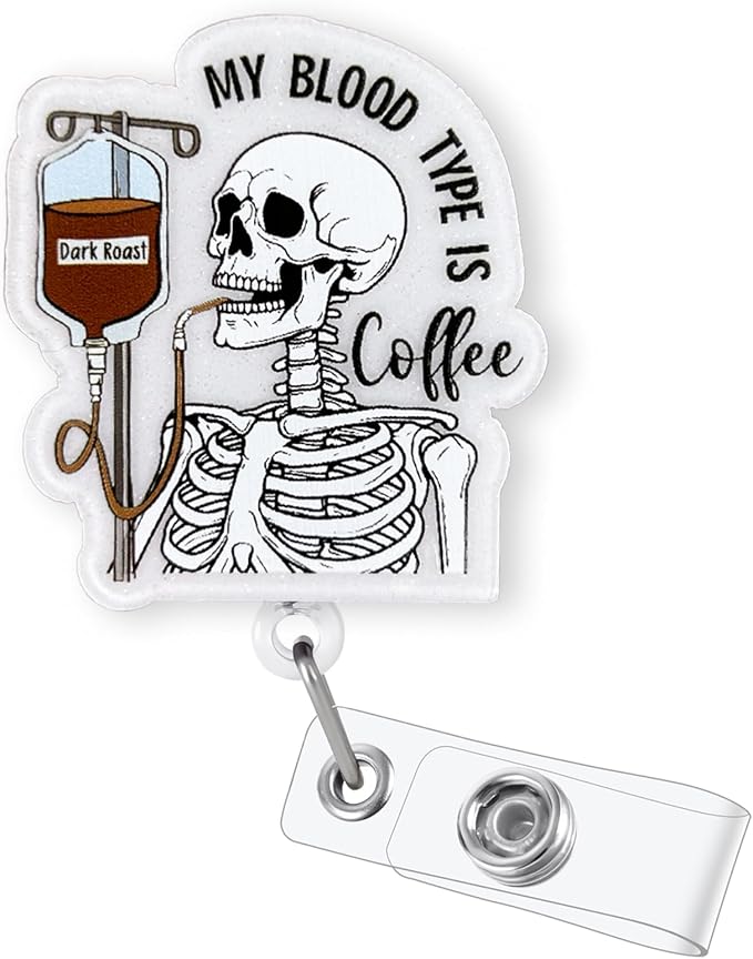 My Blood Type is Coffee Badge Reel Retractable, Funny Skeleton Badge Reel by Bydevia