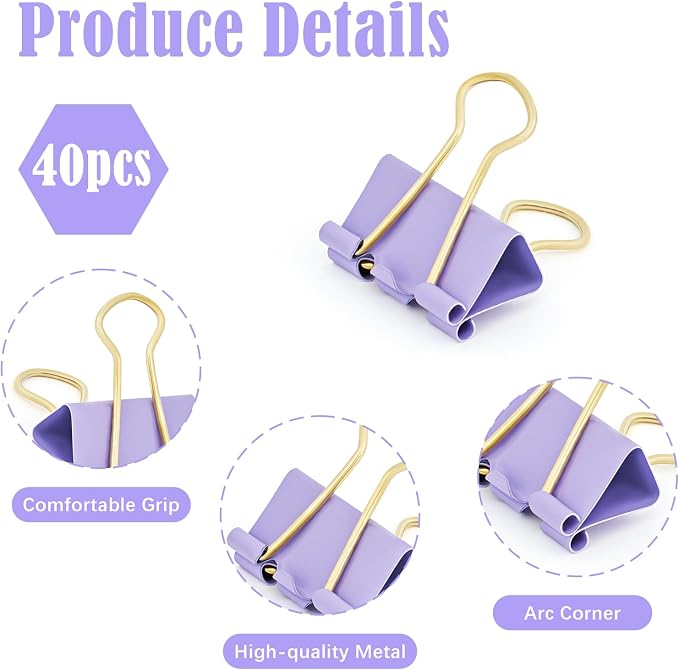 BAYTORY 40Pcs Purple Binder Clips, Binder Clips Assorted Sizes, 1 in Medium + - Image 4