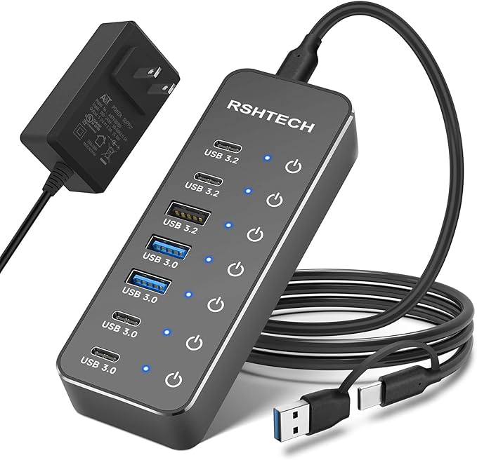 RSHTECH 7-Port Powered USB 3.2/USB-C Hub Splitter with 3 x 10Gbps USB-3.2 Ports (2C + 1A),4 USB-3.0 Ports (2C + 2A), 3.3ft Cable, Touch Switches, and 5V Power Adapter for Laptop PC-DeskLoop Office