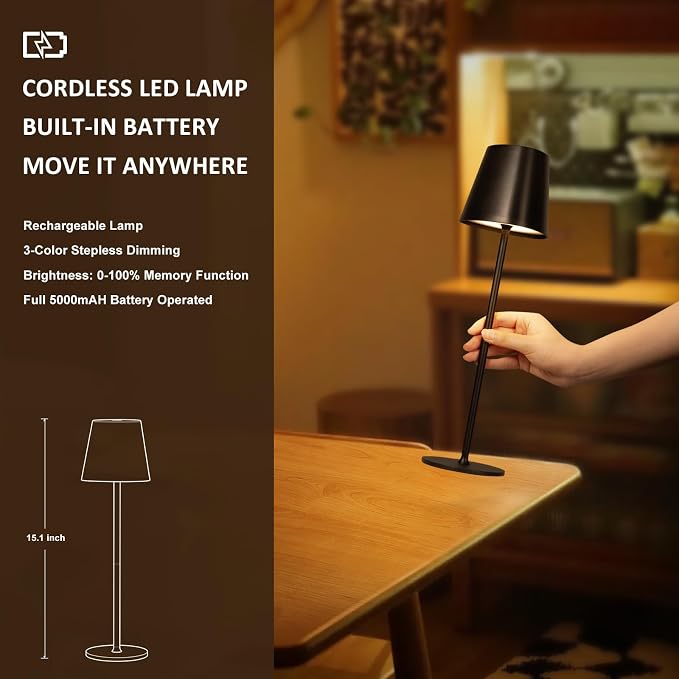 Kakanuo Cordless Table Lamp, 3 Color Stepless Dimming, 5000mAh Rechargeable - Image 5