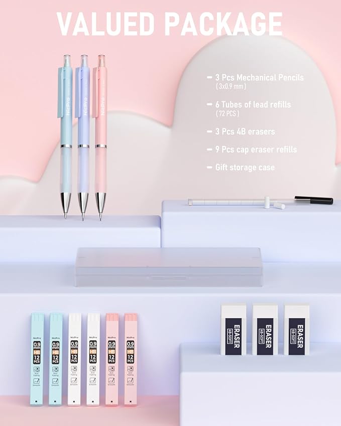 Nicpro 3PCS Pastel Mechanical Pencil Set, 0.9 Mechanical Pencil - Image 2