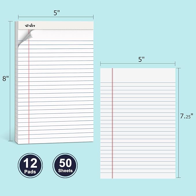 ViVin 5 x 8 Inch Legal Pads, 12 Pack, Narrow Ruled, 50 Sheets Per Writing Pad - Image 2
