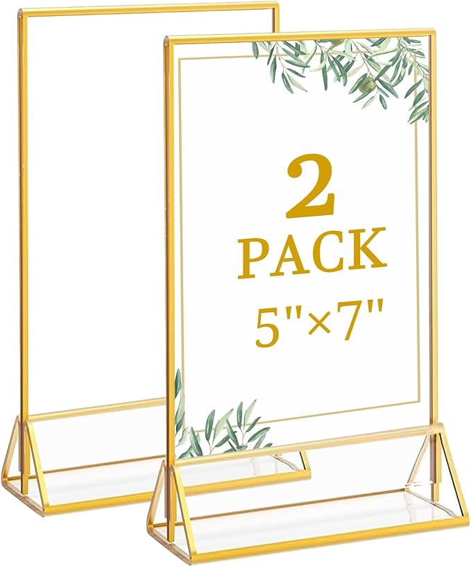 Floroom 2 Pack 5x7 Inch Clear Acrylic Sign Holders, Double-Sided Gold Display by Floroom