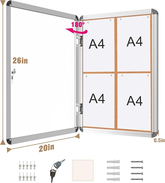 26"x20" Enclosed Bulletin Board, Lockable Weather-Resistant Aluminum Cork Noticeboard for School & Office, Silver Frame w/Cork-DeskLoop Office