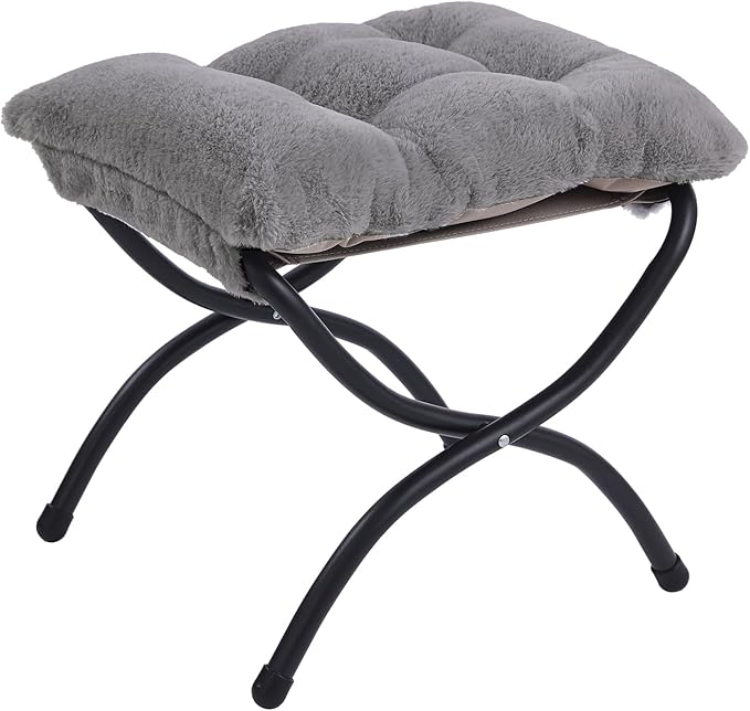 LITA Folding Upholstered Footrest Stool, Modern Small Portable Accent Ottoman with Detachable Thick Cotton Cushion Padded Sofa Stool with Metal Frame for Lazy Chair, Living Room & Bedroom, Plush Grey-DeskLoop Office