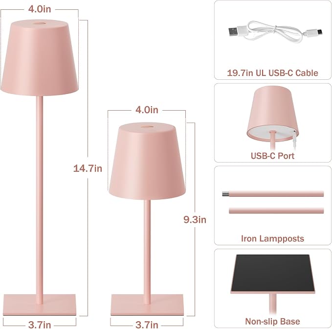 Kakanuo Pink Cordless Rechargeable Table Lamp, 2 Pack Portable Desk Lamp - Image 4