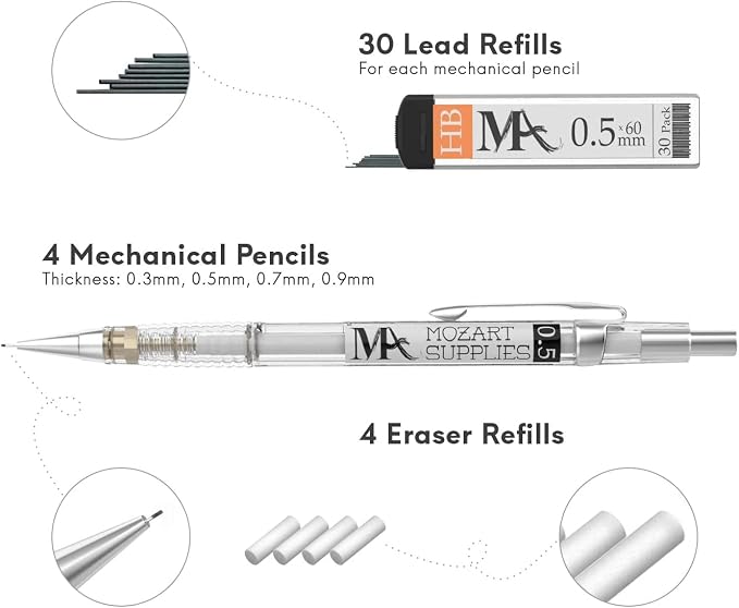MozArt Mechanical Pencil Set 4 Sizes 0.3 0.5 0.7 0.9mm HB Lead Clear | 30 HB - Image 4