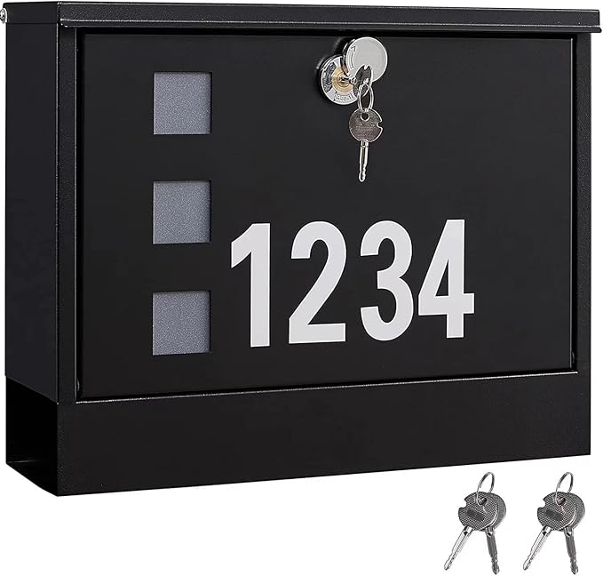 LAND·VOI Locking Mailbox Wall Mounted, Metal Postbox with Three Sets of Mail Box Number Stickers, 4 Keys, 14.4" x 4.5" x 11.2", Large Capacity, Black, AMB11B-DeskLoop Office