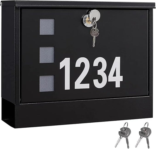 LAND·VOI Locking Mailbox Wall Mounted, Metal Postbox with Three Sets of Mail Box Number Stickers, 4 Keys, 14.4" x 4.5" x 11.2", Large Capacity, Black, AMB11B-DeskLoop Office