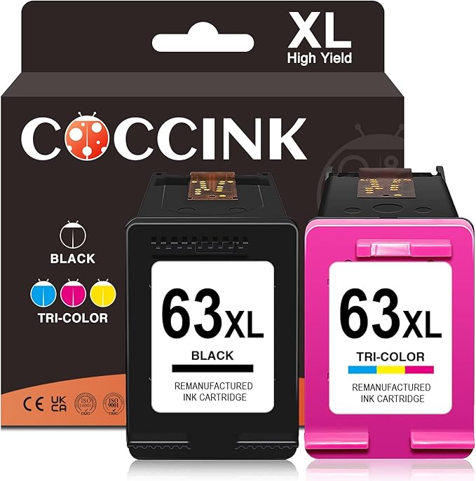 COCCINK 63XL Ink Cartridge for HP Officejet 3830 3833 4652 4655 5212 5222 5255 5258 Deskjet 3630 3632 2130 Envy 4511 4512 4520 Printer Remanufactured Inkjet for HP 63 XL Black and Color Combo Pack-DeskLoop Office