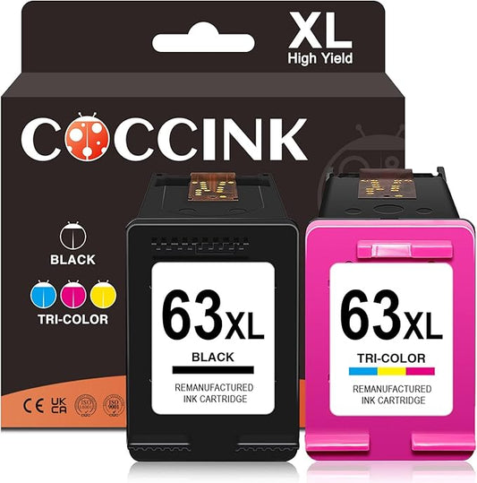 COCCINK 63XL Ink Cartridge for HP Officejet 3830 3833 4652 4655 5212 5222 5255 5258 Deskjet 3630 3632 2130 Envy 4511 4512 4520 Printer Remanufactured Inkjet for HP 63 XL Black and Color Combo Pack-DeskLoop Office