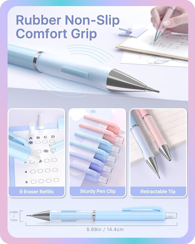 Four Candies Cute Pastel Mechanical Pencil Set, 6 Pack | 360 Lead Refills - Image 4