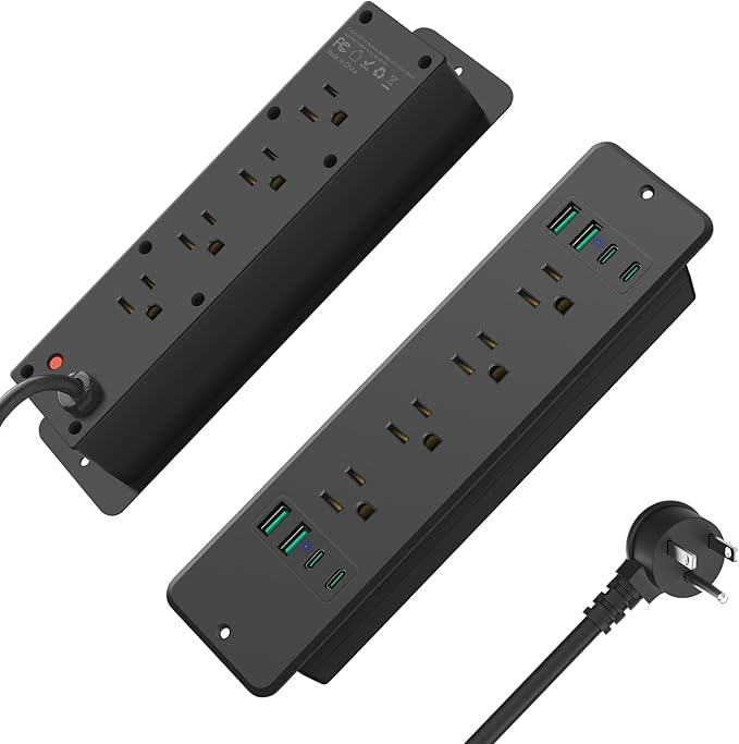 HHSOET 16 in 1 Recessed Power Strip Flat Plug, 45W Fast Charging Furniture Outlet with USB, Conference Recessed Surge Protection with 8 AC Plugs, 4 USB Ports 4 USB-C, 6ft Power Cord.(Black)-DeskLoop Office