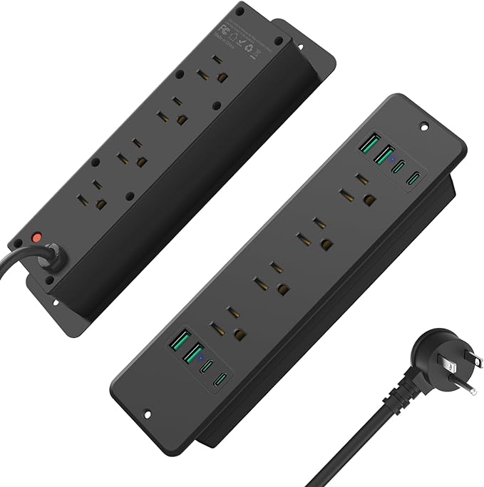 HHSOET 16 in 1 Recessed Power Strip Flat Plug, 45W Fast Charging Furniture Outlet with USB, Conference Recessed Surge Protection with 8 AC Plugs, 4 USB Ports 4 USB-C, 10ft Power Cord.(Black)-DeskLoop Office