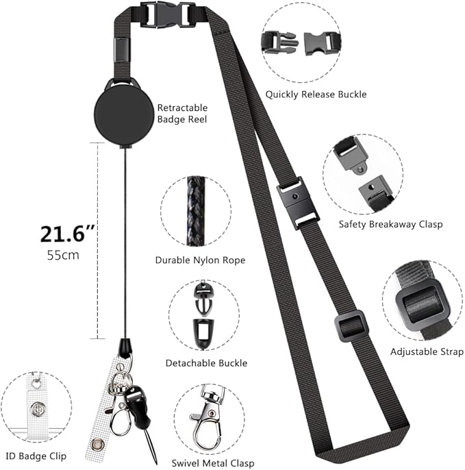 Leather Badge Holder and Adjustable Retractable Lanyards, Quick Release Buckle - Image 2