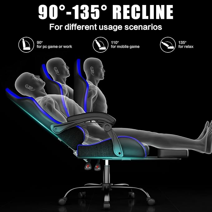 Gaming Chair, Ergonomic Office Computer Chair with Footrest and Lumbar Support Massager Racing Style High Back Video Gamer Chair, Wide＆Thick Cushion, 90°-135° Recline, Adjustable Height, Blue-DeskLoop Office