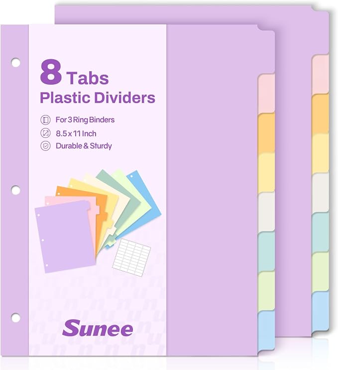 SUNEE 8 Tab Binder Dividers, Plastic Dividers by SUNEE