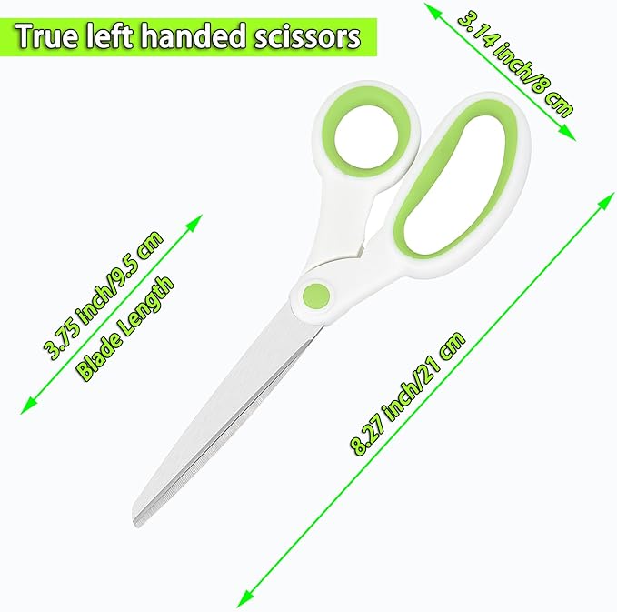 Left Handed Scissors for Adults Student Kids, 8" Heavy Duty Stainless Steel Lefty Scissors for Office, Home, Arts and Crafts, Green and White (2 Pack)