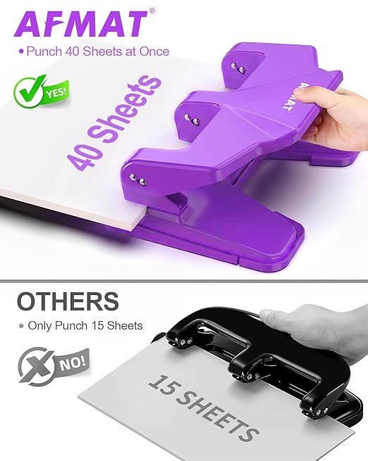 AFMAT 3 Hole Punch Heavy Duty, 40-Sheet Three Hole Punch, 50% Reduced Effort - Image 2