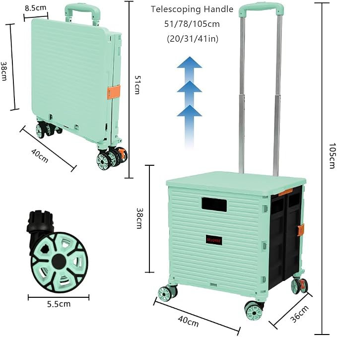 FELICON SELORSS Foldable Utility Cart Folding Portable Rolling Crate-Green | - Image 7
