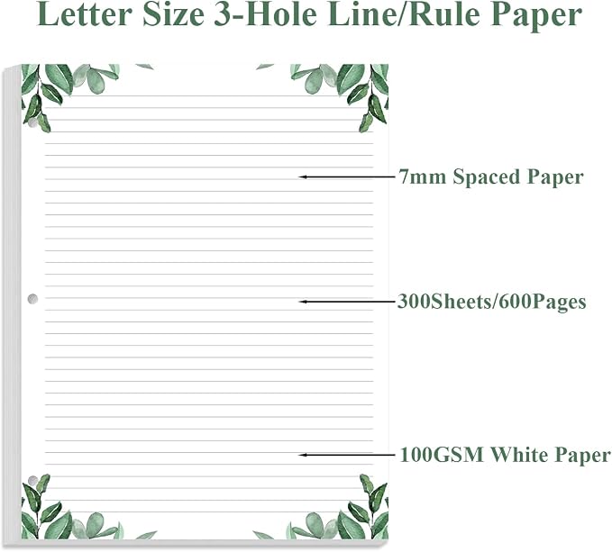 Letter Size Lined Refill Paper, 3-Hole Punched Ruled Filler Paper, 300Sheets / - Image 2
