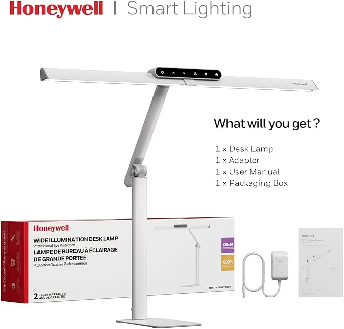 Honeywell LED Desk Lamp with Base - HJ1WT Sunturalux Eye-Caring Architect Desk Lamp for Home Office, 1200LM Computer Desk Light 4 Color Modes Stepless Dimming Task Desk Light with Timer Function White-DeskLoop Office
