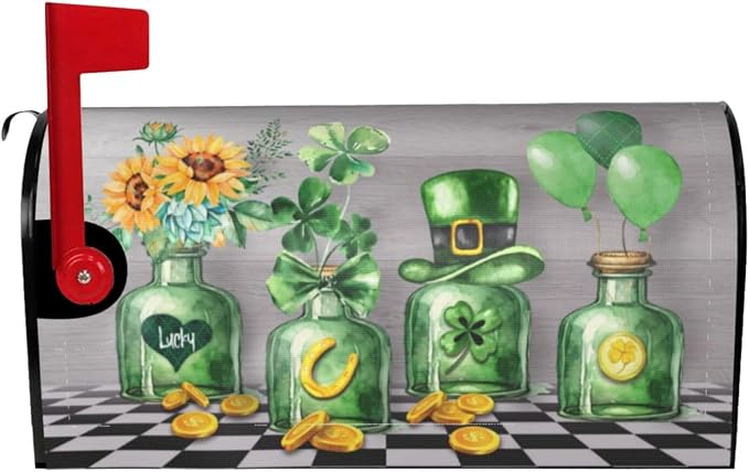 Irish St. Patrick's Day Shamrock Mailbox Cover, 21x18 in Sunflower Hat Balloon by Yomane