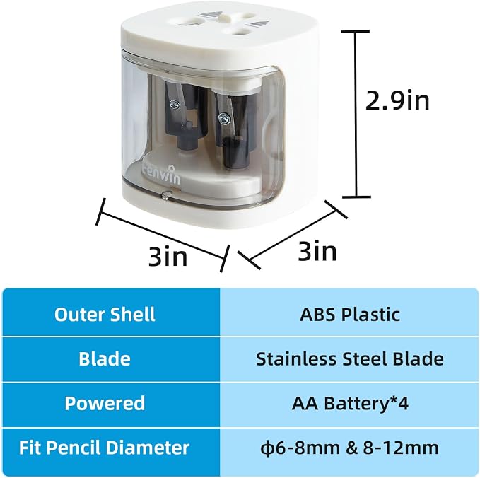 tenwin Electric Pencil Sharpener, Dual Hole Pencil Sharpeners Battery Powered - Image 6