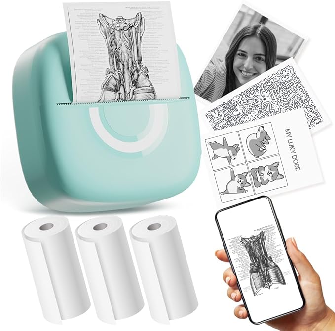 Mini Printer Sticker Thermal Printer with 3 Rolls Paper, Bluetooth Portable Phone Print Pods,Study Sticker Maker for Pictures, Photos, Journals, DIY, Compatible with Phone & Tablet-DeskLoop Office
