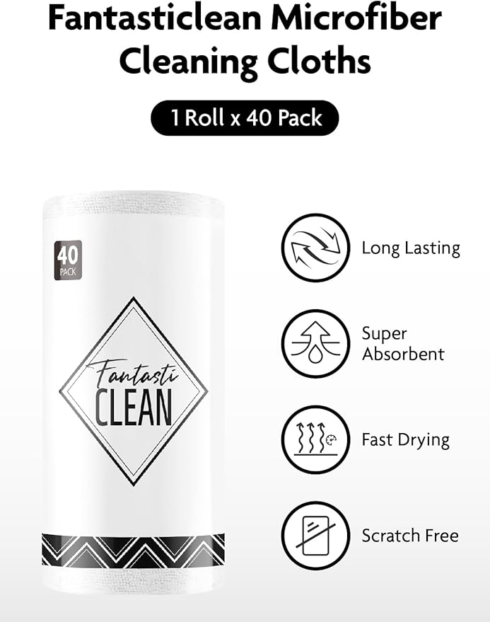 Fantasticlean Microfiber Cleaning Cloth Roll -40 Pack, Tear Away Microfiber Towels, 12" x 12", Reusable, Washable, Scratch Free, Ultra Absorbent Dish Rags for Car, Home, Garage or Shop (White)-DeskLoop Office