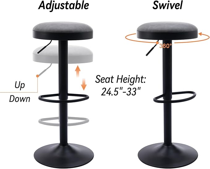 Round Swivel Counter Height Bar Stools Set of 2 Modern Adjustable Barstools Backless PU Leather Bar Chairs Industrial Island Chairs with Metal Base/Footrest for Kitchen Island/Pub/Cafe, Grey-DeskLoop Office