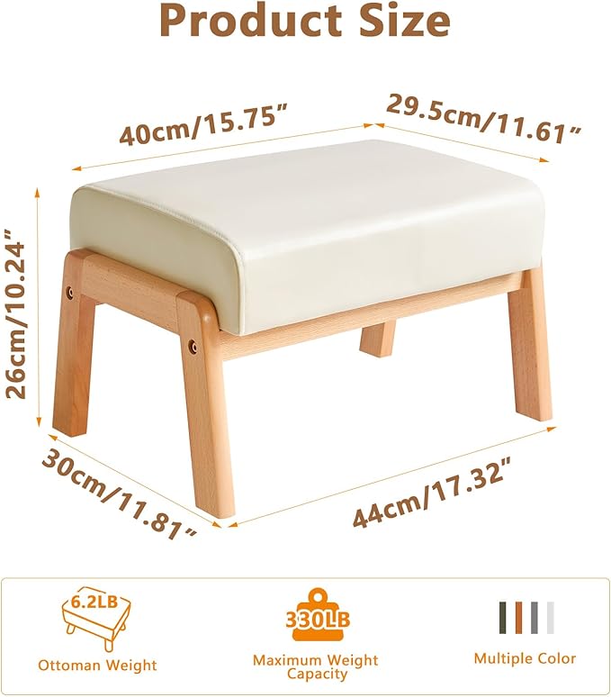 IBUYKE 10.2” H Small Foot Stool Ottoman, Rectangle PU Faux Leather Foot Rest with Padded Seat and Wood Legs, Modern Accent Ottoman Foot Rest for Living Room Bedroom Couch Office, White WBD013W-DeskLoop Office