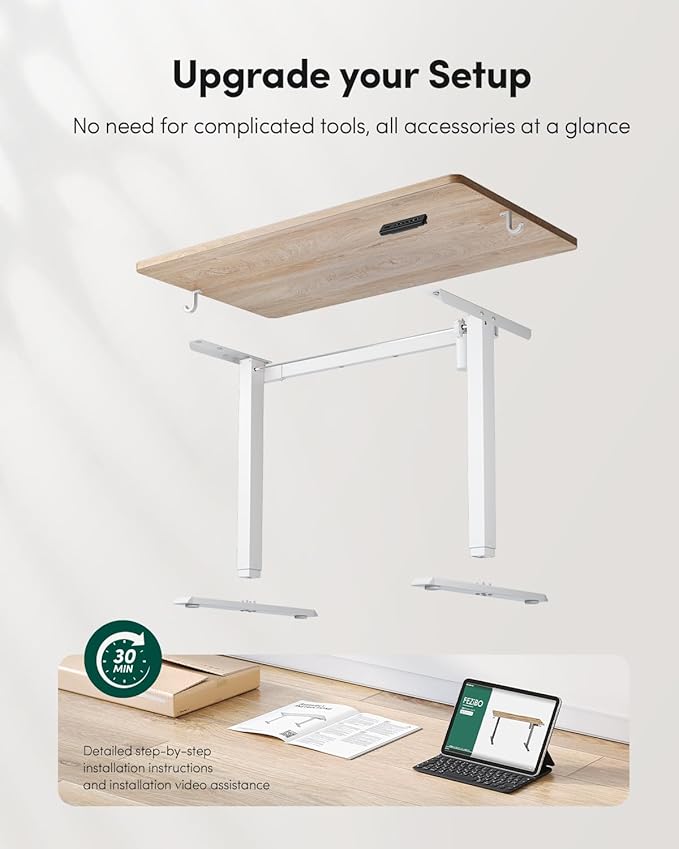 FEZIBO One-Piece Standing Desk Adjustable Height Stand up Home Office Desk, 48x24 Inch Electric Standing Computer Desk, with 4 Memory Presets, Fixable casters, Maple-DeskLoop Office