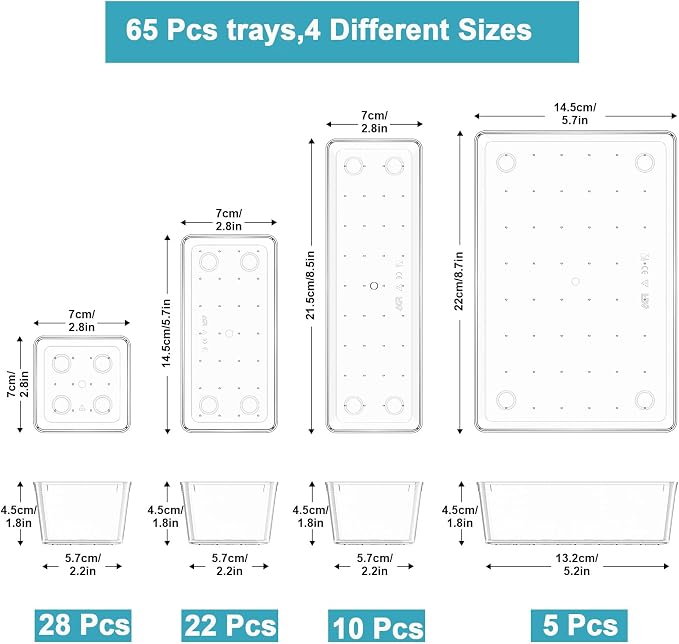 Manalete Drawer Organizers Set of 65, 4 Sizes Clear Plastic Drawer Organizers - Image 2