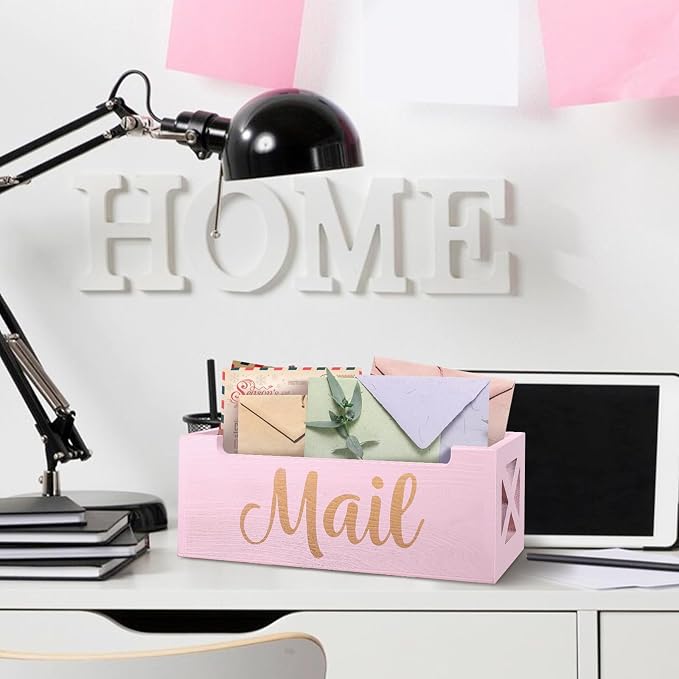 Pink Mail Organizer Cute Mail Holder Countertop, Wooden Mail Basket Mail Tray - Image 3