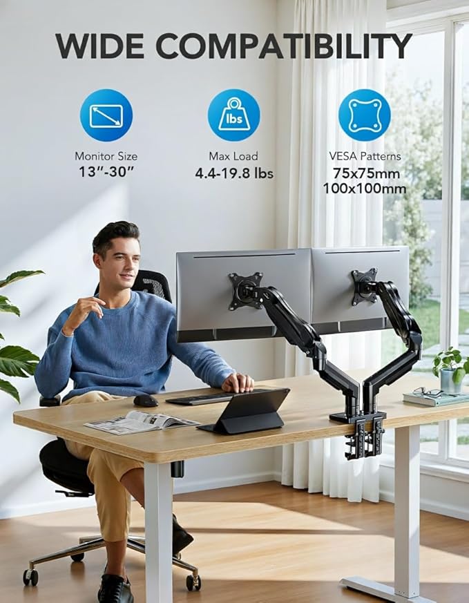 HUANUO FlowLift™ Dual Monitor Stand, Fully Adjustable Gaming Monitor Desk Mount - Image 2