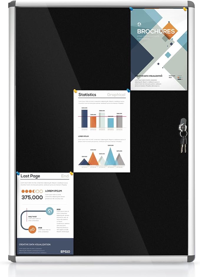 Enclosed Bulletin Board Lockable Display Case Message Board with Locking Door for Indoor, Black Felt, Silver Aluminum Frame, 38x28inches(9xA4)-DeskLoop Office