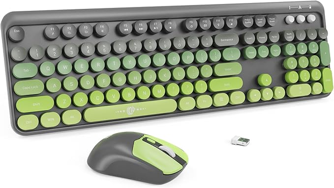 FOPETT Wireless Keyboard and Mouse Combo - 2.4G Full-Sized Cute Colorful Mouse and Keyboard with 104 Round Keys Retro Typewriter Keyboard for Laptop/Windows/PC - Green Gradient-DeskLoop Office
