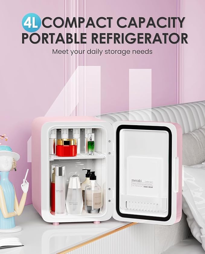 Skincare Fridge With Dimmable LED Light Mirror, 4L Makeup Mini Fridge for Bedroom, Car, Office & Dorm, Cooler & Warmer, Portable Small Refrigerator for Cosmetics, Skin Care and Food, Pink-DeskLoop Office