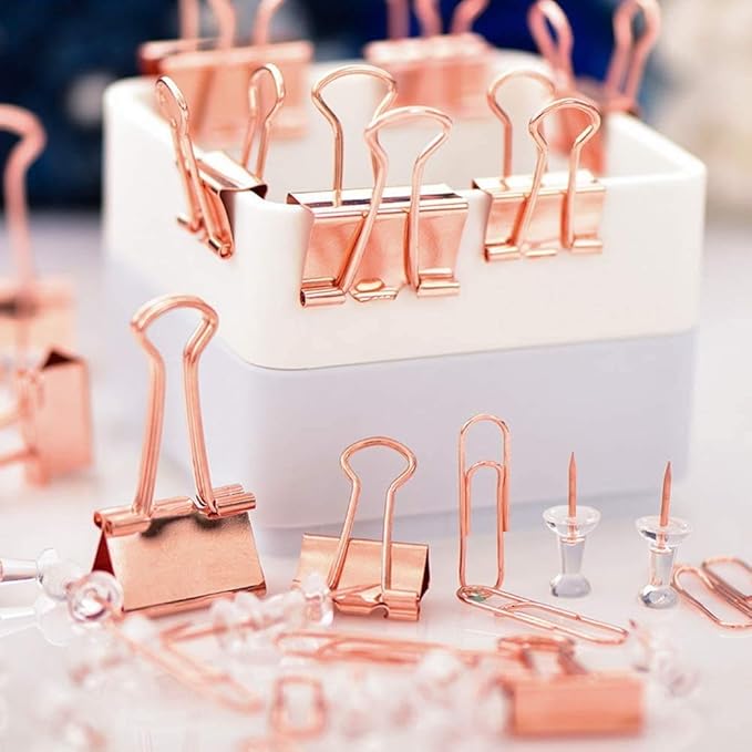Paper Clips and Binder Clips Set, Metal Assorted Sized Binders with Push Pins, Cute Office Supplies for Desk, Desk Accessories, Rosegold