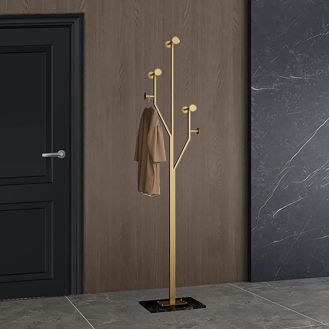 Heavy Duty Coat Rack Tree-shaped Metal Freestanding Coat Tree with Sturdy Marble Base Corner Coat Rack for Bedroom Entryway Hallway 14.96 x 10.24 x 68.9 Inches (Gold)-DeskLoop Office