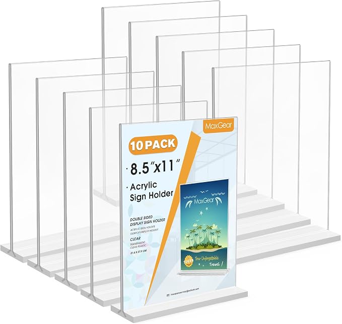 MaxGear Acrylic Sign Holder 8.5 x 11 Double Sided Display Stand, 10 Pack | by MaxGear