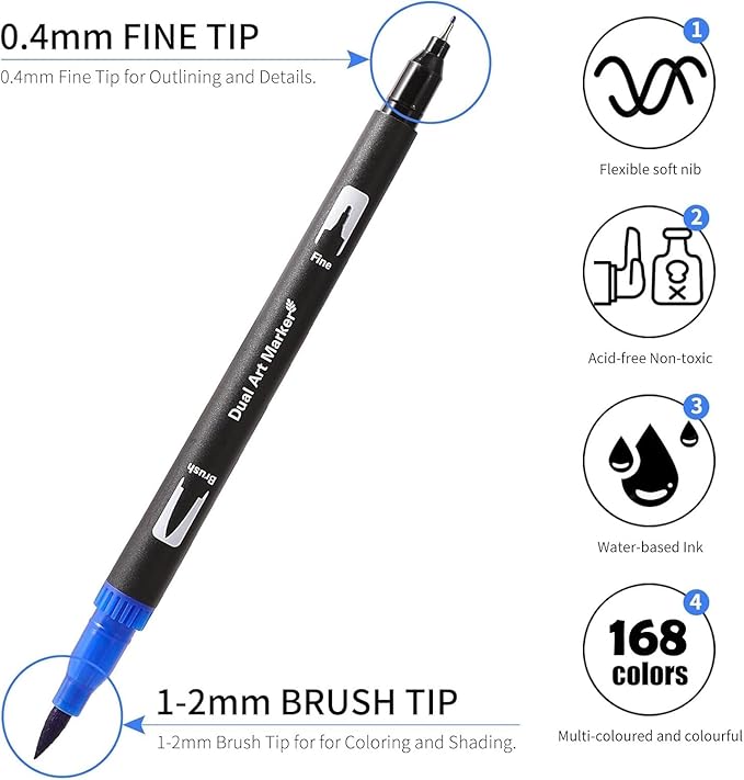 Double Brush Marker Pens, 168 Colors Art Markers Set with Fine Tip and Brush Tip for Kids Adult Coloring Book Hand Lettering Calligraphy Drawing Art Supplies Kit-DeskLoop Office
