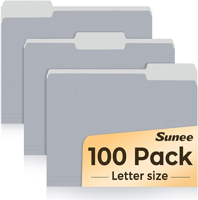 SUNEE File Folders Letter Size Gray, 100 Pack Manilla Folders 8.5 x 11 1/3-Cut by SUNEE